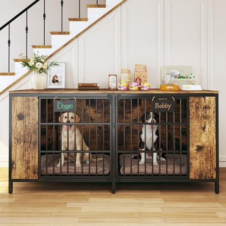 63" Large Double Dog Kennel Furniture for 2 Dogs – Extra Sturdy XXL Metal & Wooden Medium Dog Cage with Removable Divider, Dual Doors & Name Tags – Indoor/Outdoor Crate for Large Breeds HUAHUU