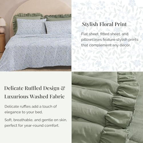 BLOOMHAVEN Full Comforter Set - 7 Pieces Ruffle Sage Green Bedding Sets, Shabby Chic Farmhouse Bed in a Bag Full with Ruffle Comforter, Floral Sheets, Pillowcases & Shams BLOOMHAVEN