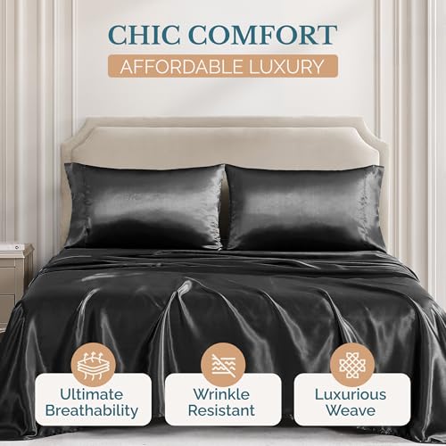 Casa Platino Queen Satin Sheets - Lightweight & Cooling Satin Bed Sheets Queen, with a 15 Inch Deep Pocket Fitted Sheet, Frizz Reducing Fabric, Machine Washable, Retains Shine After Wash - Black Casa Platino