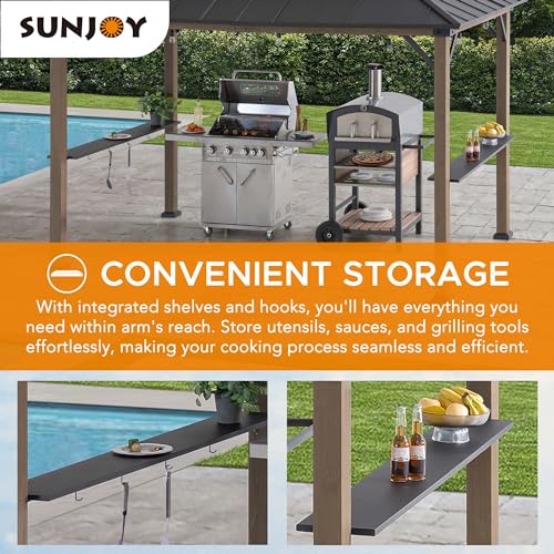 Sunjoy Wooden Grill Gazebo, 8 x 12 ft. Steel Hardtop Gazebo with Solar Power for Year-Round Grilling - 2 Full Size Grills, Griddles or Smokers - - WoodArtSupply