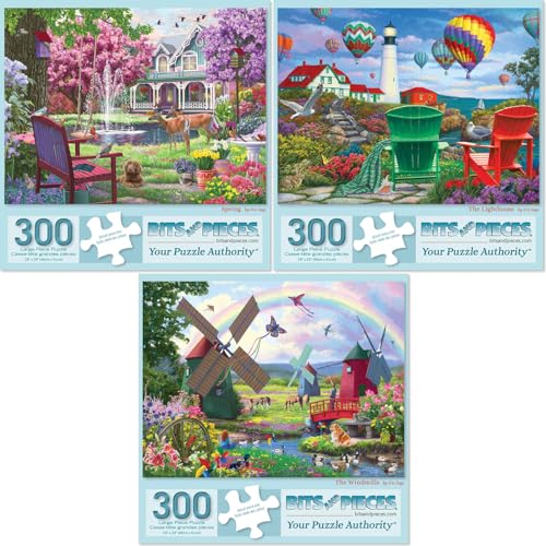 Bits and Pieces 3 Jigsaw Puzzle Set - Jigsaw Puzzles for Adults - Fantasy Scenes - Hot Air Balloons Rainbow Windmill - Random Die Cut Pieces No 2 are Alike Bits and Pieces