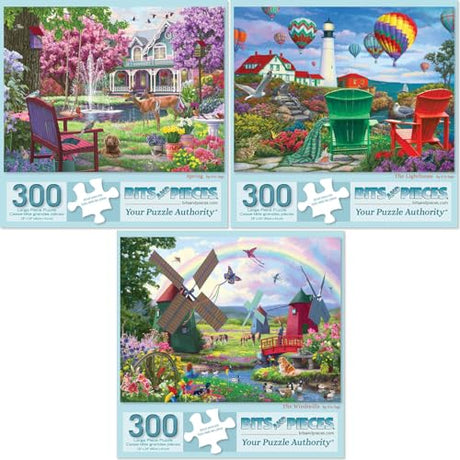 Bits and Pieces 3 Jigsaw Puzzle Set - Jigsaw Puzzles for Adults - Fantasy Scenes - Hot Air Balloons Rainbow Windmill - Random Die Cut Pieces No 2 are Alike Bits and Pieces