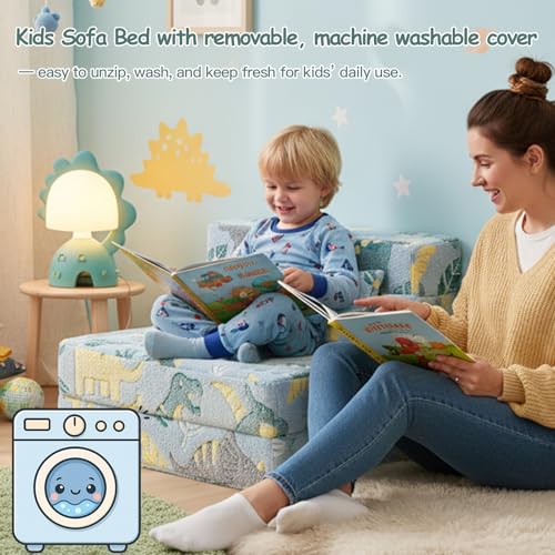 Tiita Kids Folding Sofa Bed Floor Mattress, Trifold Futon Mattress Kids Fold Up Bed, Toddler Fold Out Couch Beds, Foldable Toddler Floor Beds Nap Mat with Storage Bag, Green Dinosaur Tiita