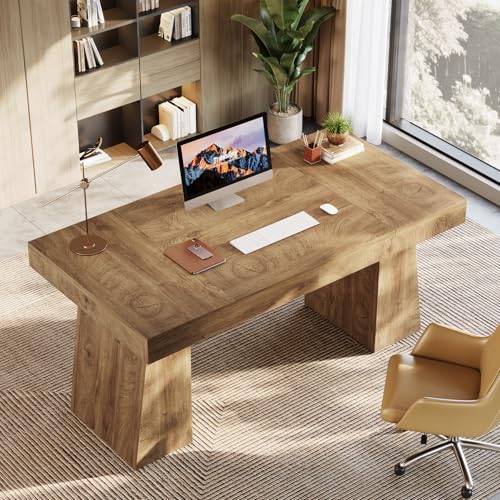 Tribesigns 55-Inch Executive Desk, Large Wood Office Computer Desk with Double Pedestal, Modern Minimalist Workstations Writing Table Conference Table Furniture for Home Office, Light Brown Tribesigns