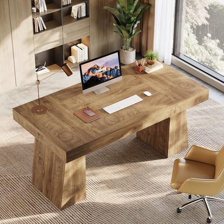 Tribesigns 55-Inch Executive Desk, Large Wood Office Computer Desk with Double Pedestal, Modern Minimalist Workstations Writing Table Conference Table Furniture for Home Office, Light Brown Tribesigns
