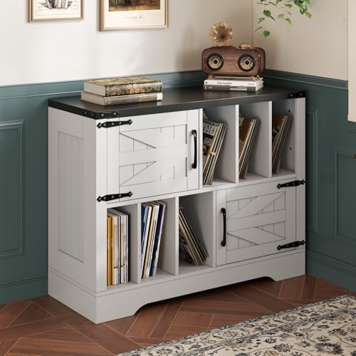 Garvee Record Player Stand, 39in Large Farmhouse Wood Vinyl Storage Cabinet Holds Up to 450 Albums with Barn Doors, Mid Century Modern Record Player Table for Living Room Bedroom, White Garvee