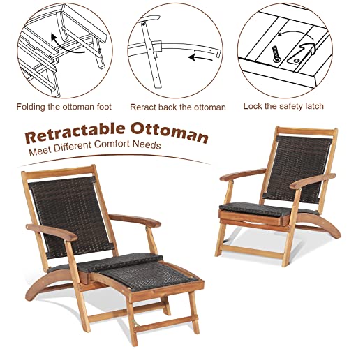 RELAX4LIFE Patio Chaise Lounge Chair Set of 3, Acacia Wood Folding Rattan Wicker Chairs w/Retractable Footrest, Side Table, 3-Piece Outdoor Patio Furniture, Fire Pit Deck Chairs Set for Porch Poolside
