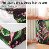 WeCozy 4 Pieces King Size Bed Sheet Sets with Pillowcases, Tropical Leaves Flower Hibiscus Soft Microfiber Bedding for Kids and Adults, Flat, Fitted Sheet for Bedroom Bed Decor WeCozy