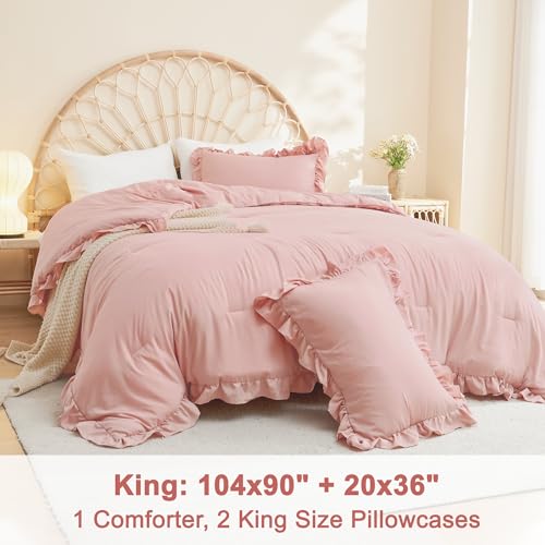 Litanika Full Size Comforter Sets, 3 Pieces Blush Pink Ruffle Girls Women Cute Bedding Comforters & Sets, Lightweight Fluffy Microfiber as Gift (79x90In Comforter & 2 Pillowcases) Litanika