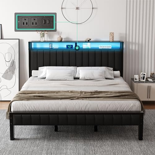 LUXOAK King Size LED Platform Bed Frame with Faux Leather Headboard and Built-in Charging Station LUXOAK