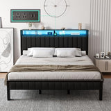 LUXOAK King Size LED Platform Bed Frame with Faux Leather Headboard and Built-in Charging Station LUXOAK