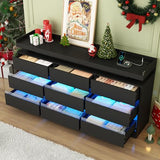 Hlivelood 9 Drawer Dresser with Power Outlet & LED Light, Modern Chest of Drawers for Closet Modern Large Dresser Organizer Cabinet for Bedroom, Living Room, Black Hlivelood