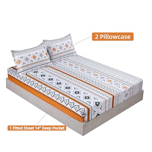MAG 3PCS Colorful Bohemian Bed Sheet Twin Size, Retro Orange Printed Boho, Microfiber Bedding Sheet, 1 Fitted Sheet with 2 Pillowcases, 14 Inches Deep MAG