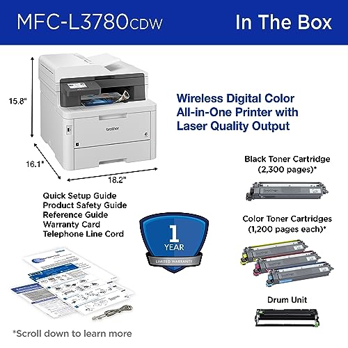 Brother MFC-L3780CDW Wireless Digital Color All-in-One Printer with Laser Quality Output, Single Pass Duplex Copy & Scan | Includes 4 Month Refresh Subscription Trial ¹ Amazon Dash Replenishment Ready Brother