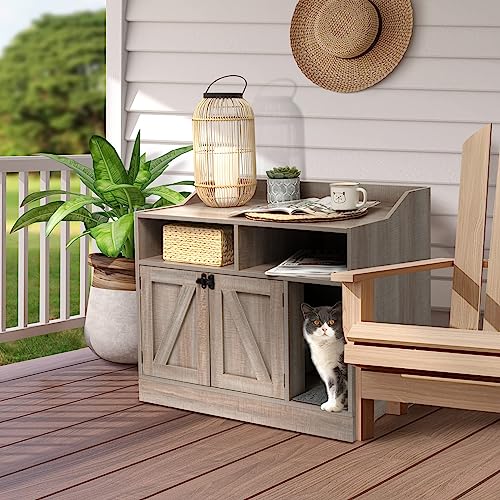 Front Row Cat Litter Box Furniture Enclosure | Wooden Hideaway Litterbox | Magnetic Closure with Metal Latch | Includes Cat Litter Trapping Non-Slip Mat with Scatter Control | Greige FRONT ROW