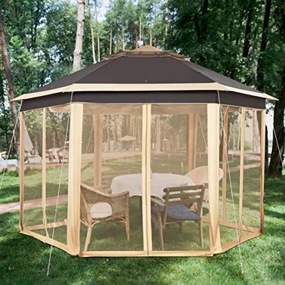 Yaheetech 13x13 Pop up Gazebo, Hexagonal Outdoor Canopy Shelter, Instant Patio Gazebo Sun Shade Canopy Tent with Double Tiers & Mesh Netting for Lawn, Garden, Backyard & Deck, Khaki/Brown - WoodArtSupply