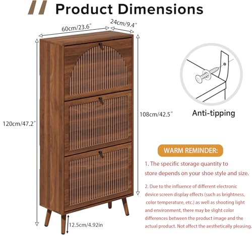 Fsbecl Shoe Storage Cabinet for Entryway with 3 Flip Drawers, Narrow Shoe Organizer with Fluted Panel, Freestanding Wood Hidden Shoe Cabinet for Hallway (Walnut, 23.6''W, Double Layer) Fsbecl