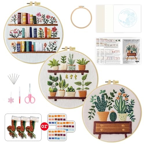 ZuoAnLF 3 Set Embroidery Starter Kit Printed Cross Stitch Kit with Plant Shelf Patterns for Adults, Home Decor and Gifts
