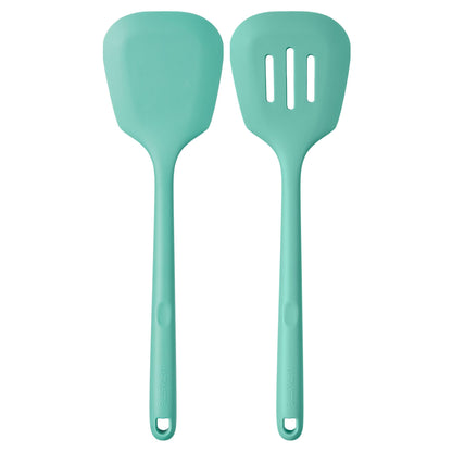 600ºF Heat Resistant Silicone Turners: U-Taste 13.6in Long Solid & Slotted Kitchen Spatula Flipper, Wide and Large Flexible Cooking Utensil for Flipping Egg, Pancake, Cookie (Aqua Sky, 2PCS)