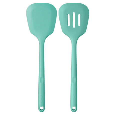 600ºF Heat Resistant Silicone Turners: U-Taste 13.6in Long Solid & Slotted Kitchen Spatula Flipper, Wide and Large Flexible Cooking Utensil for Flipping Egg, Pancake, Cookie (Aqua Sky, 2PCS) U-Taste