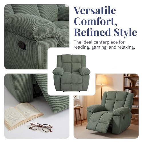 Trygoal Oversized Corduroy Recliner Chair, Manual Lazy Boy Recliner with Home Theater Seating, Breathable Living Room Reclining Chair for Adults Reading, Gaming, Relax, Green