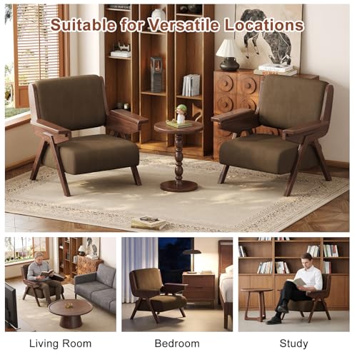 Euklea Mid Century Modern Accent Chair, Fabric Upholstered Lounge Arm Chair with Solid Wood Frame for Living Room, Bedroom, Office, Reading Corner (Coffee, Set of 2) Euklea