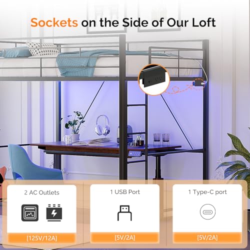 VINGLI Loft Bed Twin Size with 15 Inches Safety Guardrail, Flat Rungs, LED Lights and Charging Station, Heavy Duty Metal Single High Sleeper for Small Space Saving, Kids room and Dorm Apartment, Black VINGLI