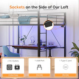 VINGLI Loft Bed Twin Size with 15 Inches Safety Guardrail, Flat Rungs, LED Lights and Charging Station, Heavy Duty Metal Single High Sleeper for Small Space Saving, Kids room and Dorm Apartment, Black VINGLI