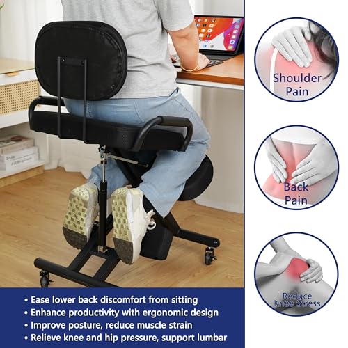 Ergonomic Kneeling Chair with Back Support and Foot Pedals — Adjustable Posture Stool for Back Pain Relief, Rolling Kneeling Chair for Home & Office, Extra Comfort Cushion, Angled Design R&I Services