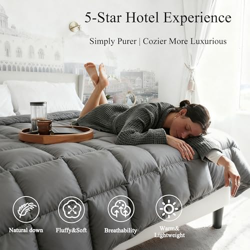 Feather Down Fiber Comforter Twin Size,Premium Ultra-Soft Breathable Comforter High Fill Power Grey Duvet Insert,All Season Hotel Luxury Bedding Comforters 8 Corner & Center Loops,Baffle Box Design HYVIF