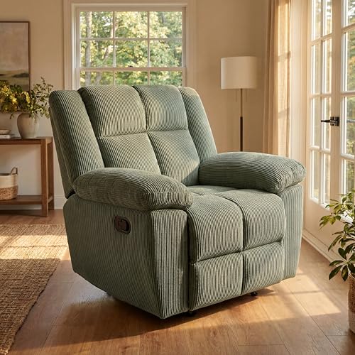 Trygoal Oversized Corduroy Recliner Chair, Manual Lazy Boy Recliner with Home Theater Seating, Breathable Living Room Reclining Chair for Adults Reading, Gaming, Relax, Green