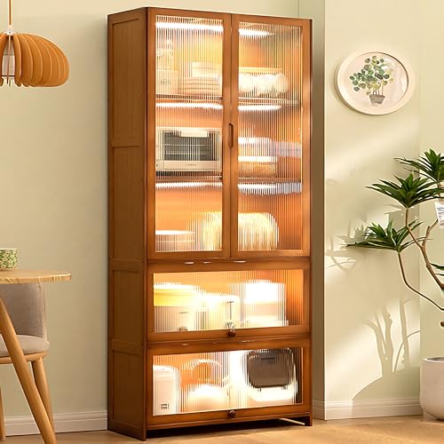 70" Bamboo Farmhouse Kitchen Pantry Cabinet with Acrylic Doors and Versatile Storage Solutions ouioyggk