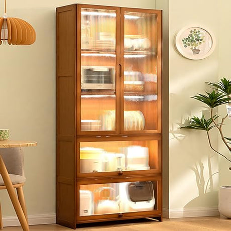 70" Bamboo Farmhouse Kitchen Pantry Cabinet with Acrylic Doors and Versatile Storage Solutions ouioyggk