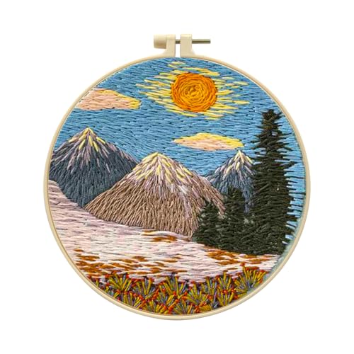 Zhenqing Mountain Sunrise Embroidery Kit - 29x29cm Printed Fabric, Hoop & Full Tools for Beginners(S-CX0636)