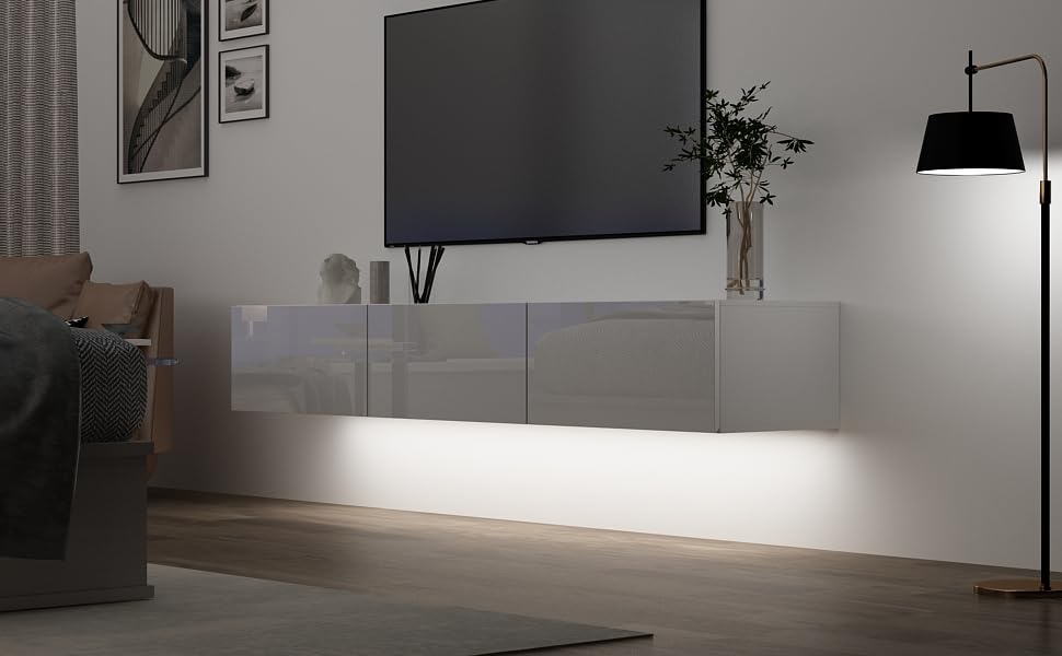 DMAITH Floating TV Stand with LED for 60 65 70in TV, Glossy Wall Mounted Modern Entertainment Center with 3 Drawers, White DMAITH