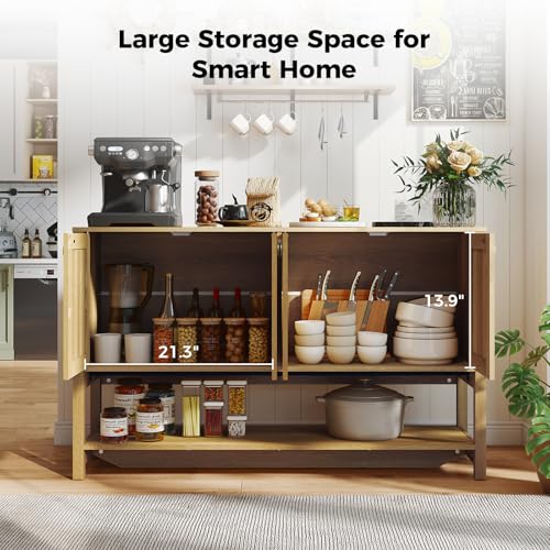 LubanNese 55" Rattan Sofa Console Table, Boho Wood Entryway Storage Cabinet with 4 Doors & Adjustable Shelf, Multifunctional Coffee Bar Sideboard Buffet for Kitchen, Dining Room, Living Room LubanNese