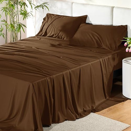 Bedsure Full Size Bed Sheets, Cooling Sheets, Rayon Derived from Bamboo, Breathable & Soft, Deep Pocket Up to 16 Inches, Hotel Luxury Silky Bedding for Hot Sleepers, Brown Bedsure