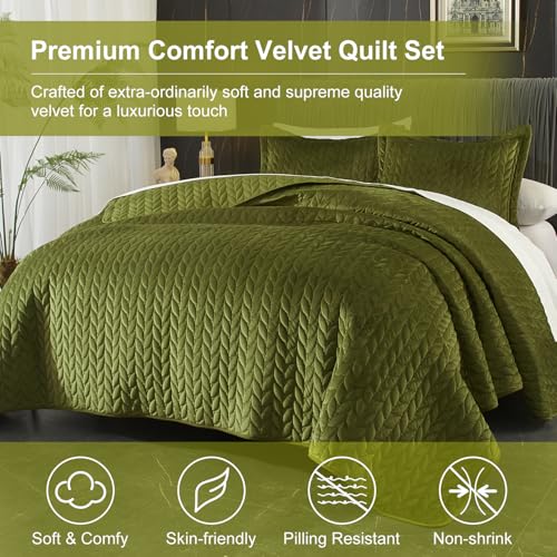 Ivellow Velvet Quilt Queen Size Green Lightweight Velvet Comforter Set Oversized Bedspread Coverlet Full for All Season 3Pcs Luxury Quilted Bedding Ivellow