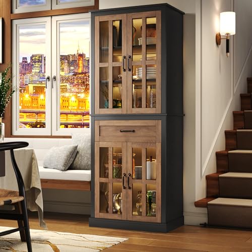 FOTOSOK 71'' Kitchen Pantry Cabinet, Tall Kitchen Cabinet Pantry Cabinet with Glass Doors and Drawer, Freestanding Food Pantry Kitchen Hunch with Adjustable Shelves for Dining Living Room, Na - WoodArtSupply