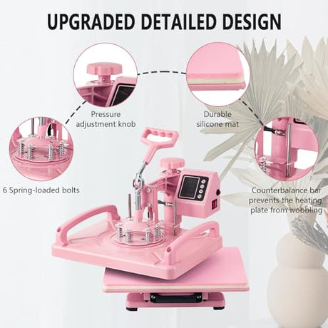 Leomru 5 in 1 Heat Press Machine 15x15 Inch, Heat Press Machine for T Shirts Hat Cap Mug Plate 360° Swing Away, Sublimation Heat Press Heat Transfer Machine W/ 30OZ Tumbler Press Pink Leomru