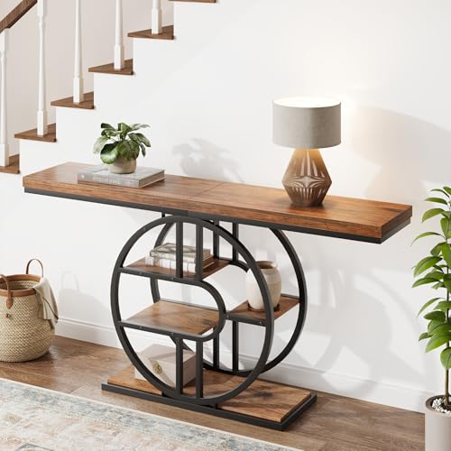 55" Industrial Narrow Entryway Table with 5-Tier Storage - Heavy-Duty o-Shaped Metal Frame Console Table for Hallway, Living Room & Couch Behind, Space-Saving Long Entrance Table for Small Spaces IDEALHOUSE