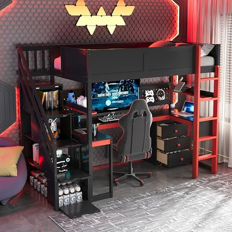 RUNNA Full Size Wooden Gaming Loft Bed with Storage Stairs, Desk, Shelves & Pegboard, Space-Saving Esports Style for Teens & Adults (Black+Red-3) RUNNA