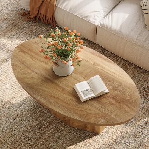 Oval Coffee Table, 47-Inch Living Room Table with Polygonal Pedestal, Modern Center Accent Furniture, Child-Friendly, Easy to Assembly, Yellowish Brown LITTLE TREE
