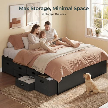 ADORNEVE Full Size Bed Frame with 6 Storage Drawers, Metal Platform Bed with Steel Slat Support, Footboard for Teen/Adult, No Box Spring Needed, Storage Space Under Frame,Easy Assembly, Black ADORNEVE