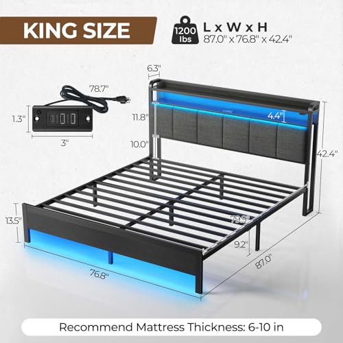 Rolanstar Bed Frame King Size with Charging Station and LED Lights, Upholstered Headboard with Storage Shelves, Heavy Duty Metal Slats, No Box Spring Need, Noise Free, Easy Assembly, Dark Grey Rolanstar