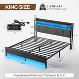 Rolanstar Bed Frame King Size with Charging Station and LED Lights, Upholstered Headboard with Storage Shelves, Heavy Duty Metal Slats, No Box Spring Need, Noise Free, Easy Assembly, Dark Grey Rolanstar