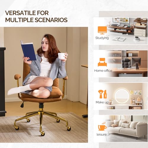 VINGLI Home Office Desk Chair Comfy with wheels&Removable Armrests,Gold Base Vanity Chair with Back,Adjustable Rolling Swivel Computer Task Chair for Study,Makeup,Office,Bedroom,Microfiber/Suede,Brown VINGLI