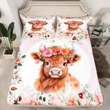 Feelyou Cute Highland Cow Sheet Set King Size Kids Cartoon Animal Sheets with Deep Pocket Fitted Sheet for Boys Girls Teens Flower Floral Print Bed Sheets Set Farm Zoo Garden Theme Bedding Set Feelyou