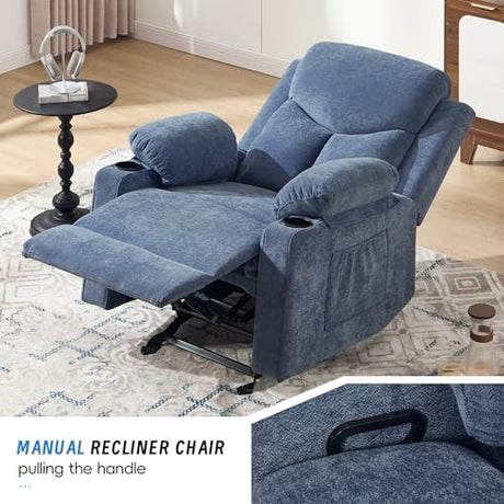 Sftaiyou Manual Rocker Recliner Chair for Adults with Massage, Overstuffed Glider Rocking Chair with Cup Holders and Pockets for Living Room, Reclining Sofa Chair for Bedroom Nursery,Navy Blue Sftaiyou