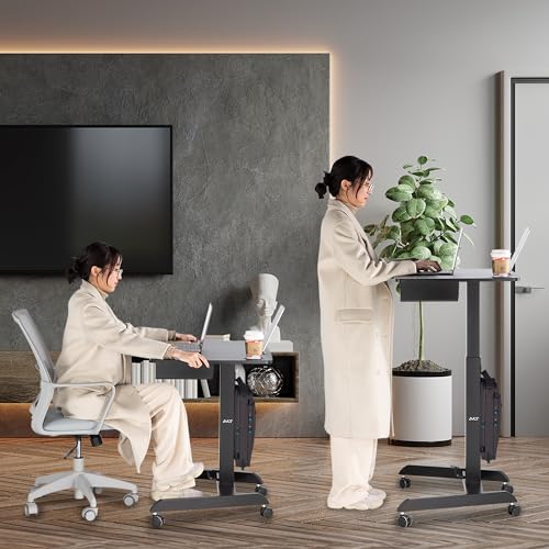 AVLT 44" Height Adjustable Foot Pedal Rolling Desk with Shelf (3 ft 8 inches) - Pneumatic Laptop Standing Desk Cart - Mobile Laptop Cart - Black Computer Projector Cart with Brake Casters AVLT